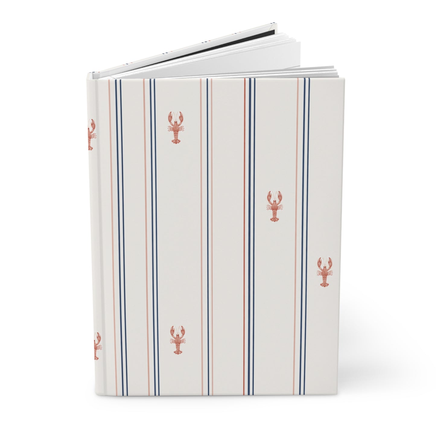 Notebook with striped cover and lobster design on a white background