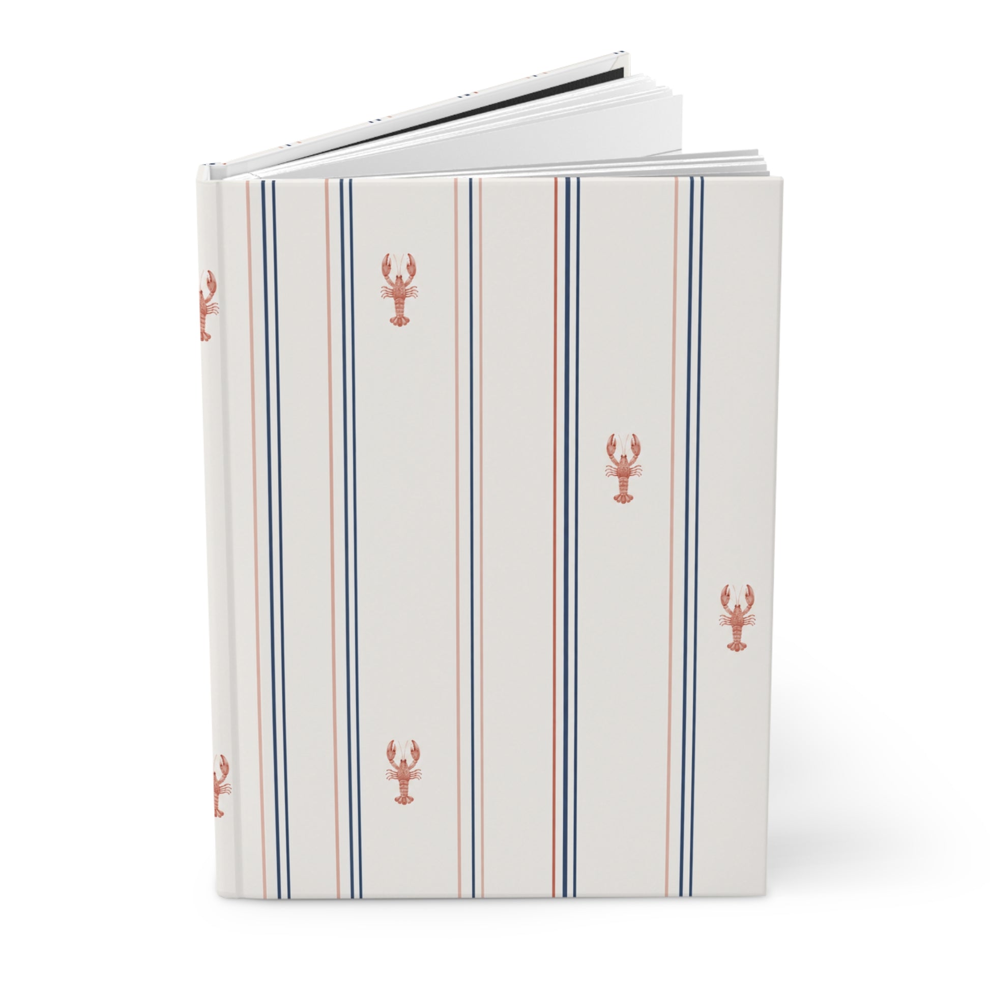 Notebook with striped cover and lobster design on a white background