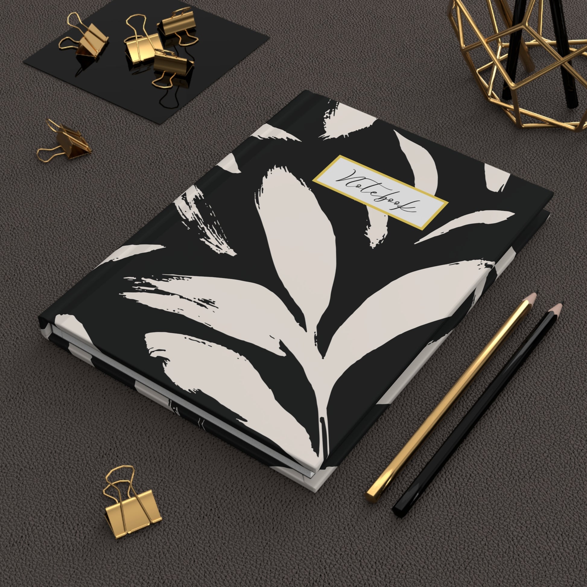 Botanical Hardcover Notebook – Black & Cream Brushstroke Design - PUREKIND