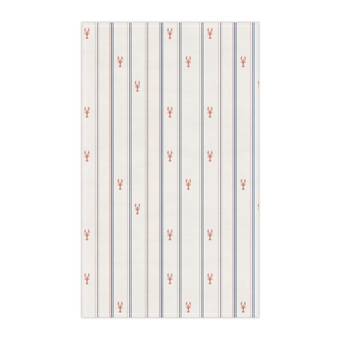 Striped fabric with small red lobster patterns on a cream background