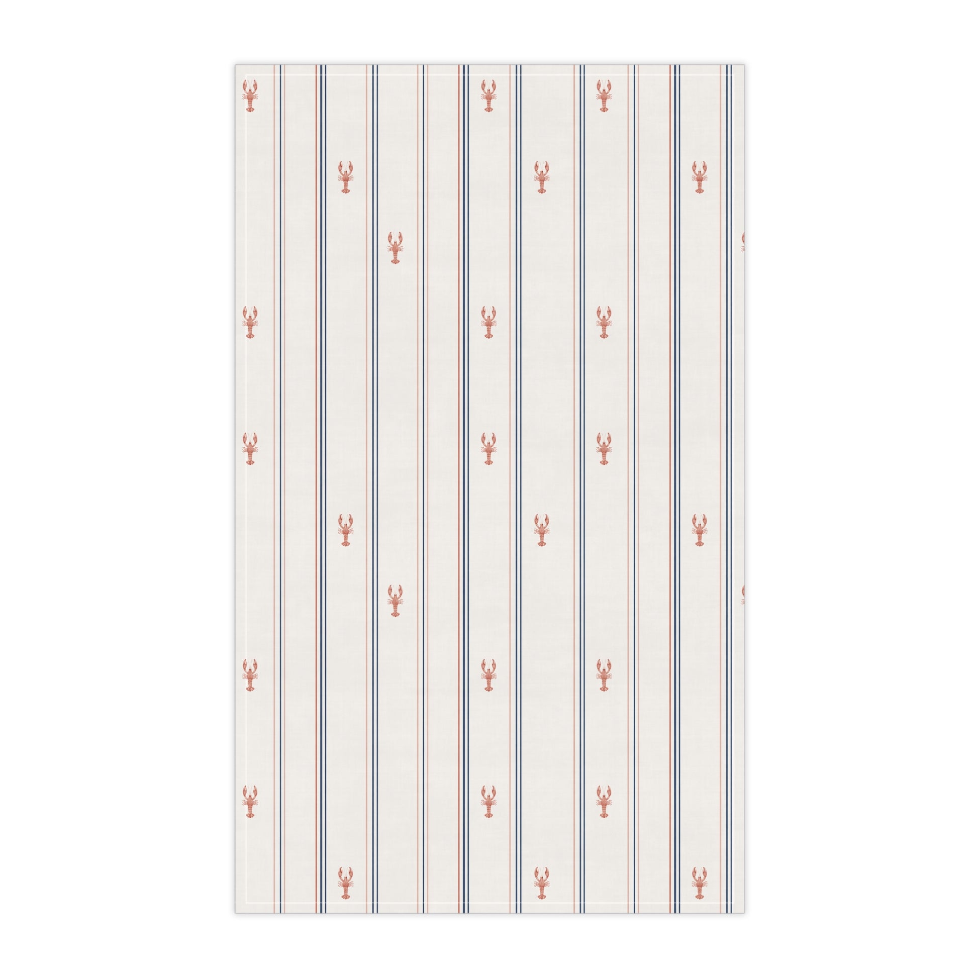 Striped fabric with small red lobster patterns on a cream background