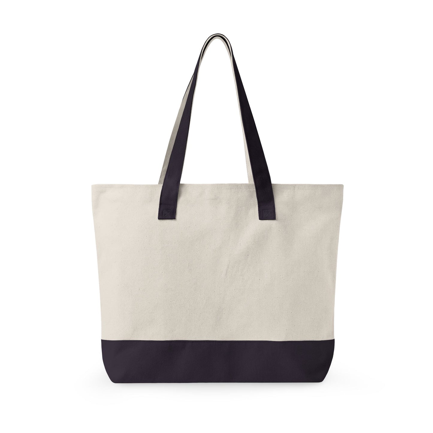 Beige tote bag with navy accents on a white background