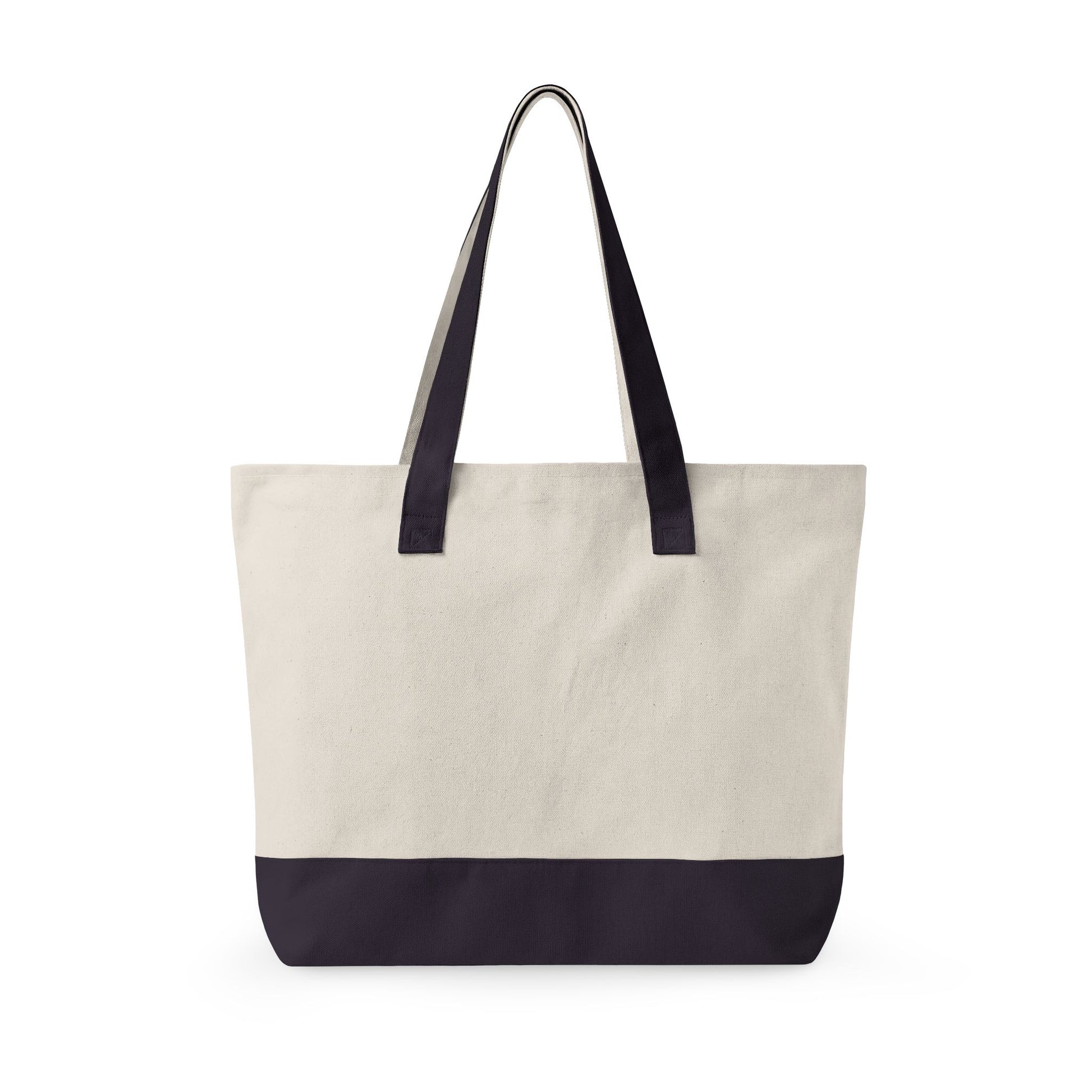 Beige tote bag with navy accents on a white background