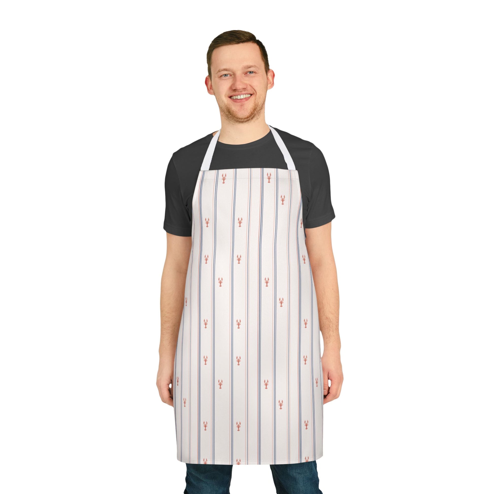 Man wearing a white apron with red patterns on a white background