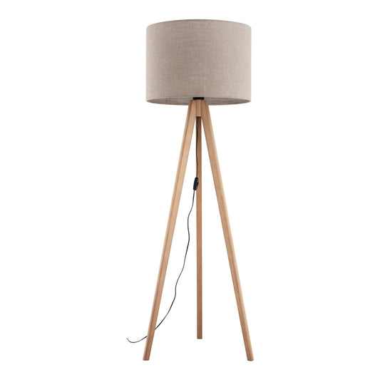 Floor lamp with a beige lampshade and wooden legs on a white background