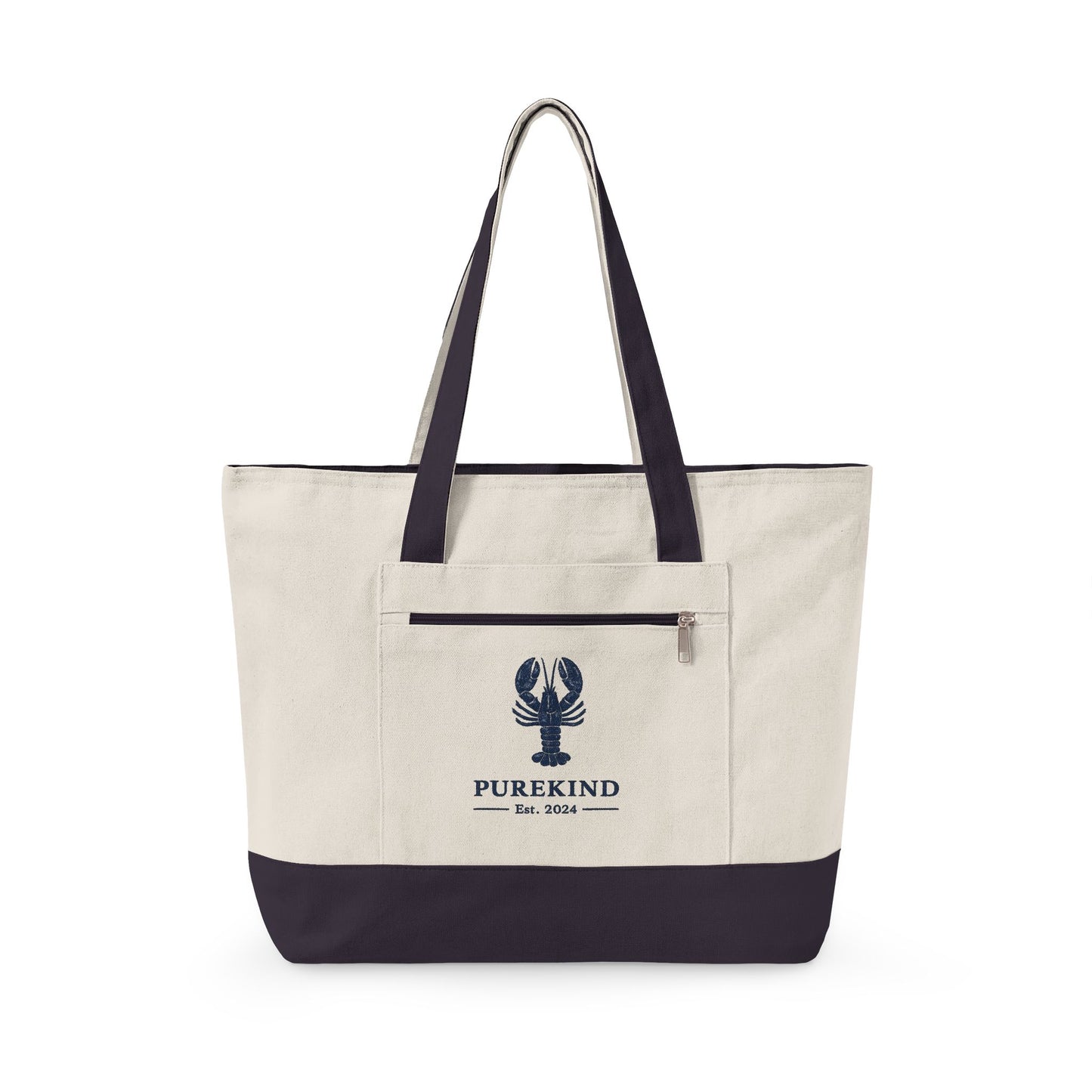 Beige tote bag with navy lobster accent and 'PUREKIND' logo on a white background