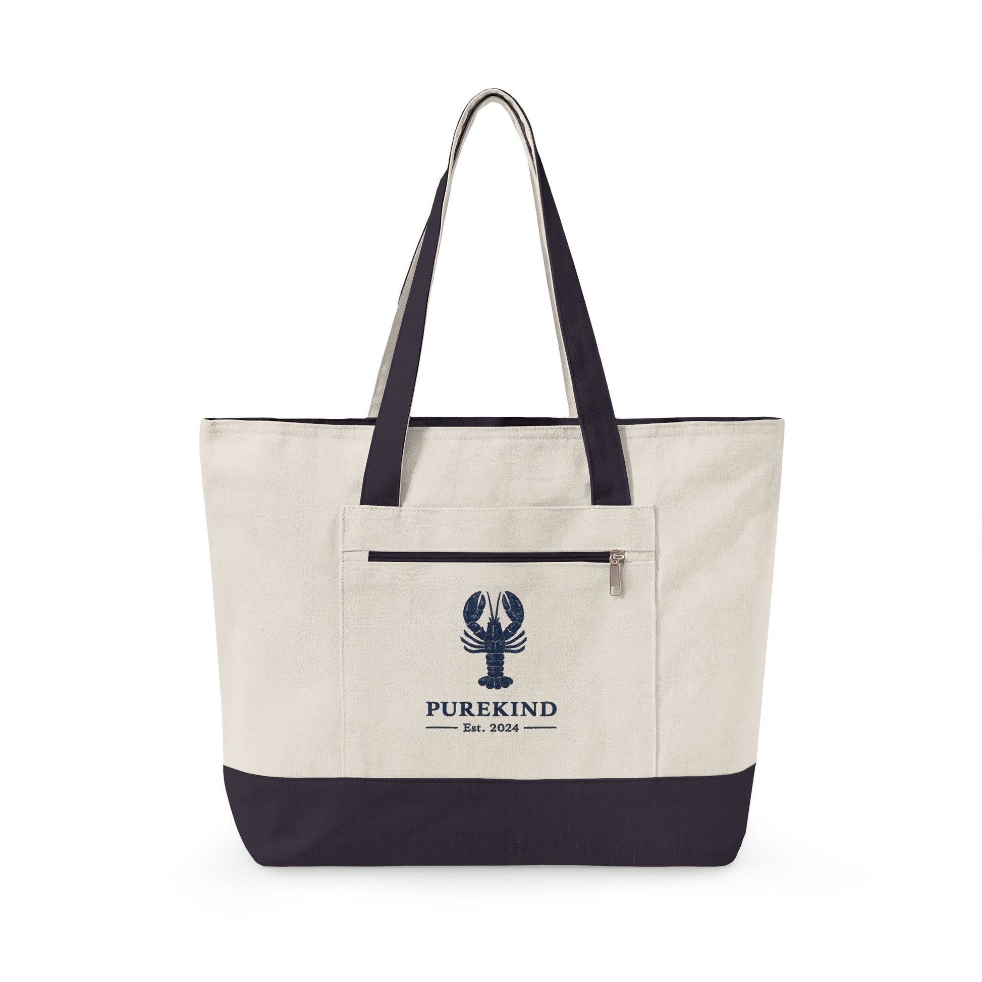 Beige tote bag with navy lobster accent and 'PUREKIND' logo on a white background