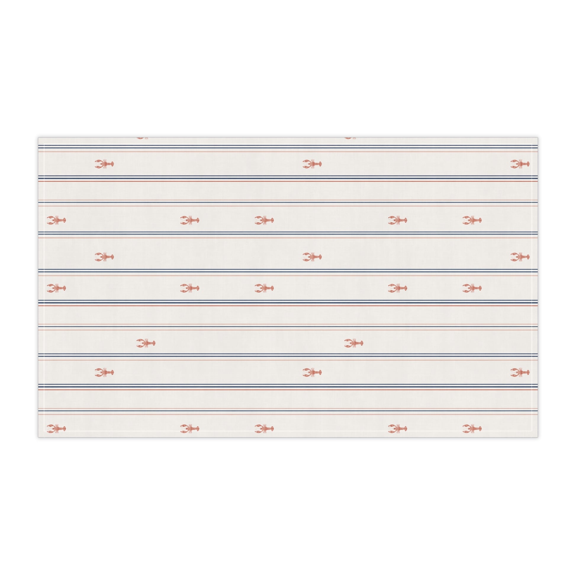 Striped fabric with small red lobster patterns on a cream background side