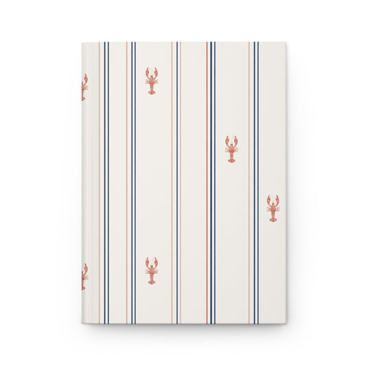 Striped notebook with lobster patterns on a white background