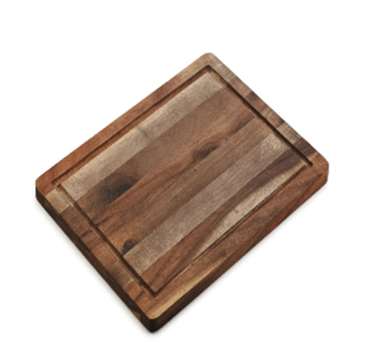 Thick acacia cutting board for prep and serving on white background