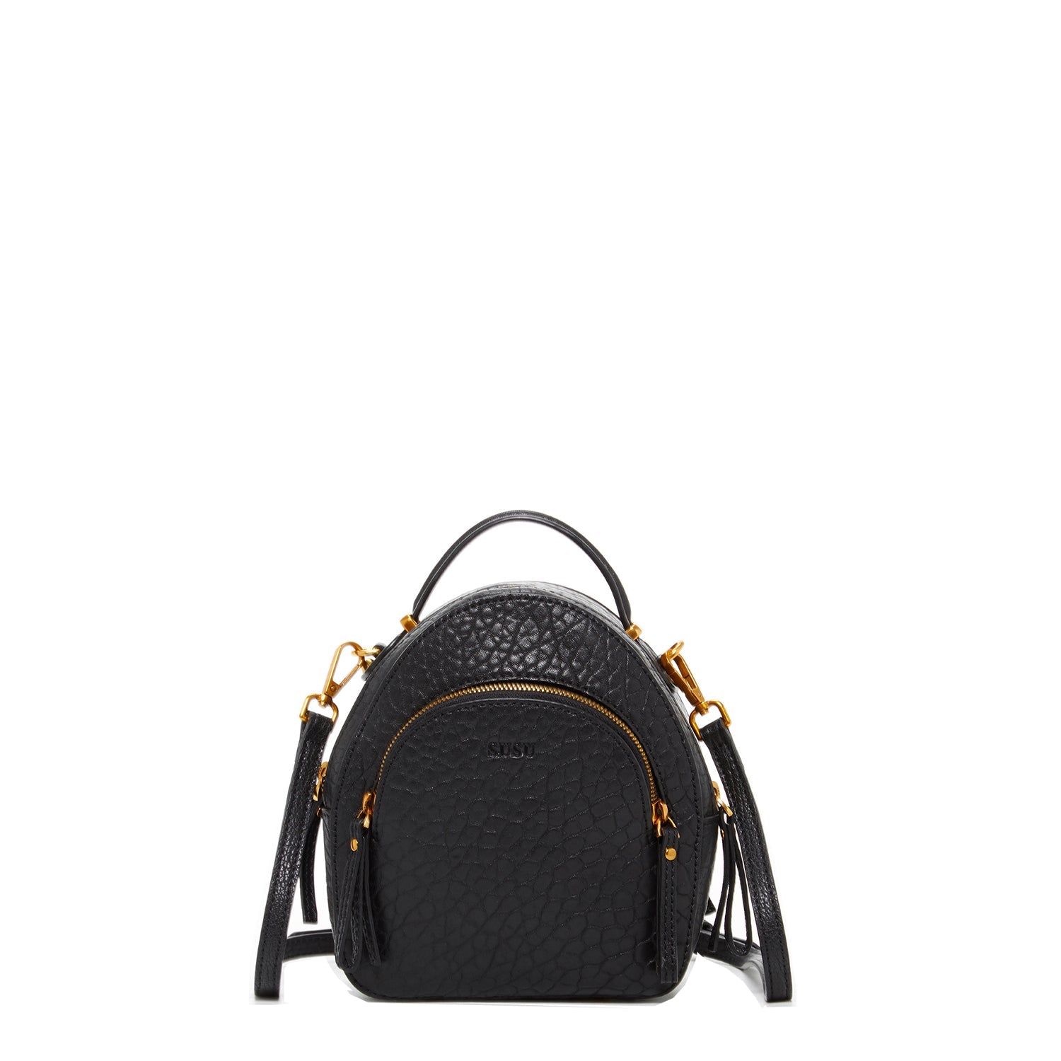 Black textured backpack with gold accents on a white background