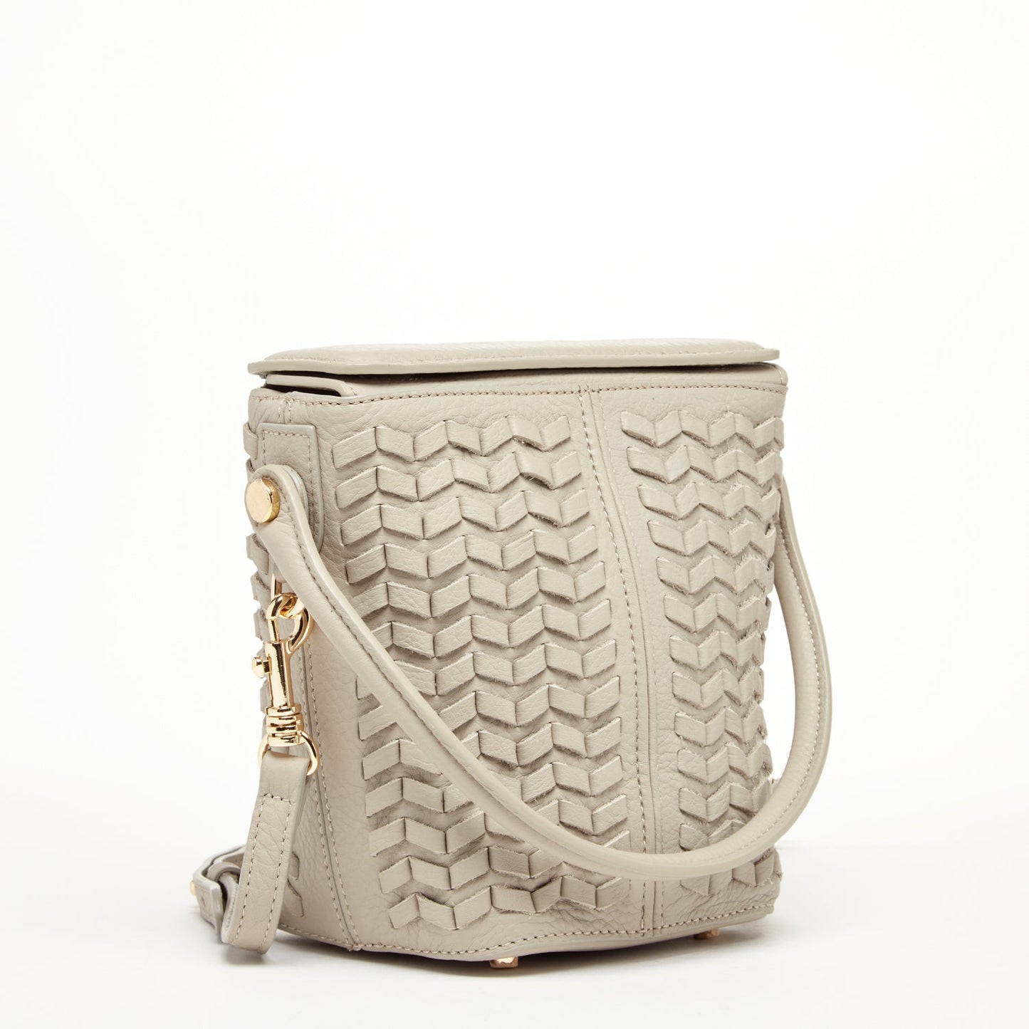 Grayish Beige Woven Leather Crossbody Bucket Bag