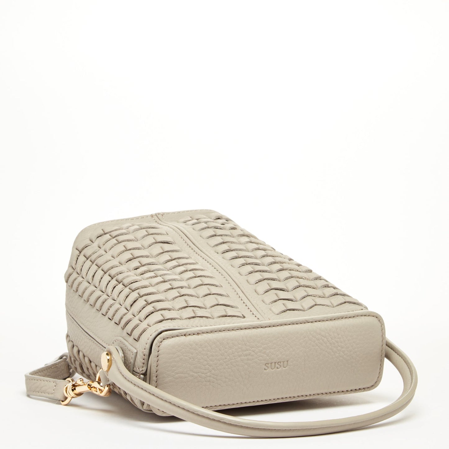 Grayish Beige Woven Leather Crossbody Bucket Bag