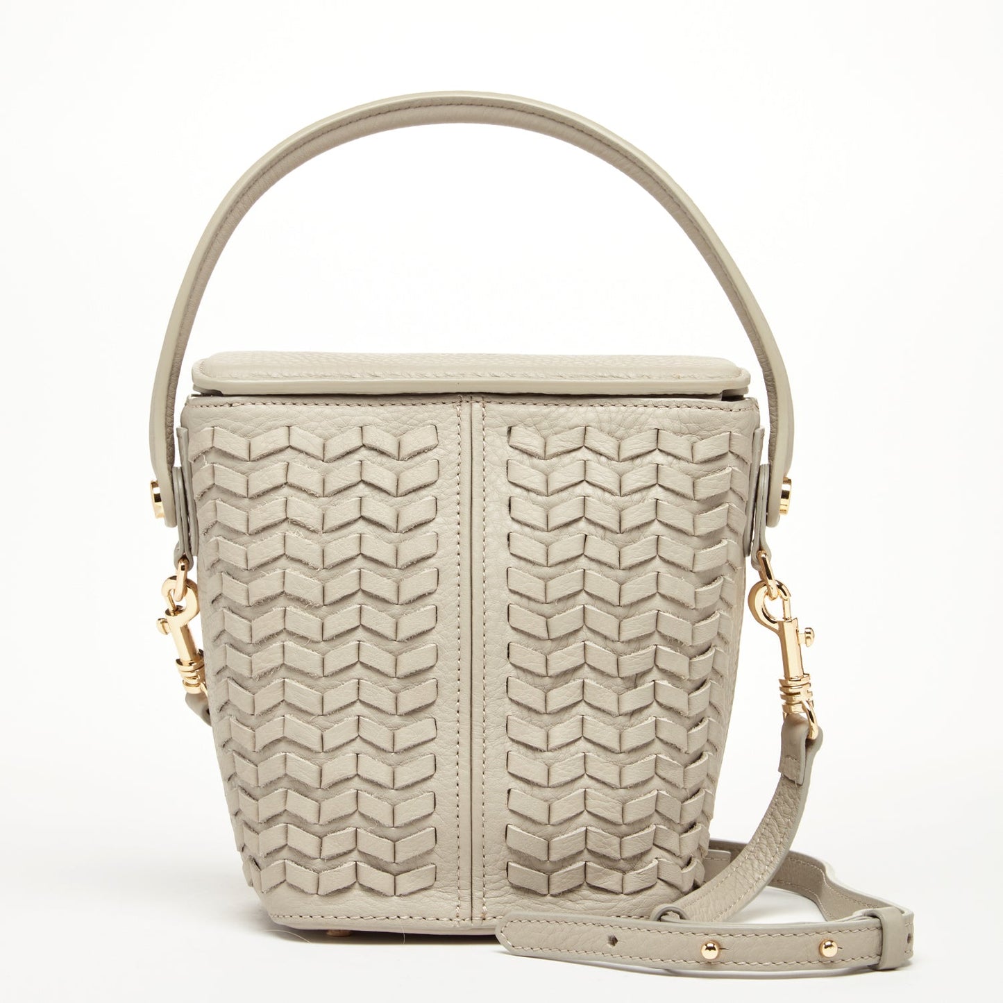 Grayish Beige Woven Leather Crossbody Bucket Bag