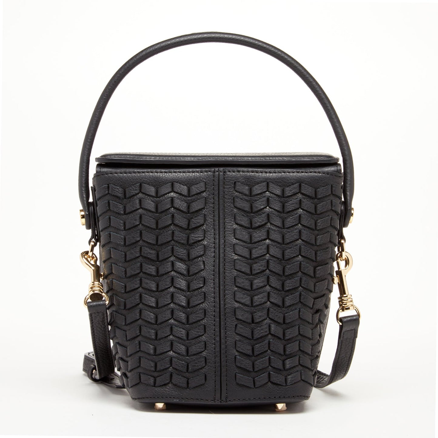 Black Woven Leather Crossbody Bucket Bag