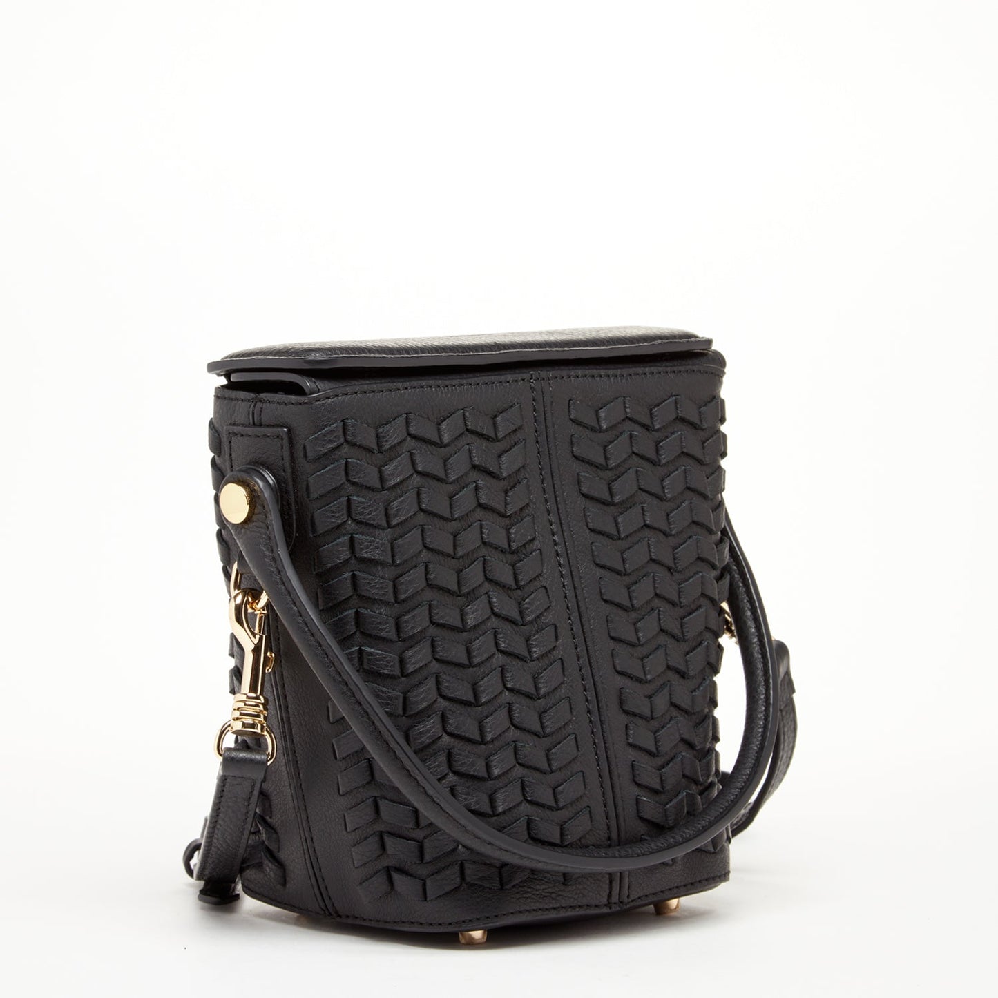 Black Woven Leather Crossbody Bucket Bag