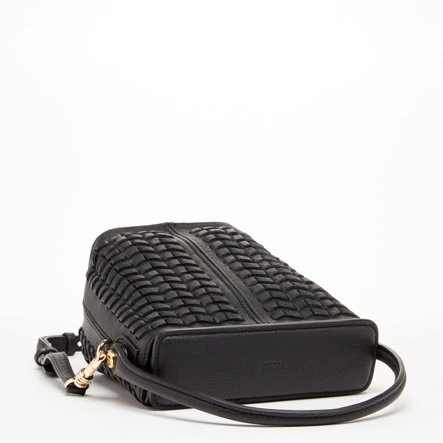 Black Woven Leather Crossbody Bucket Bag