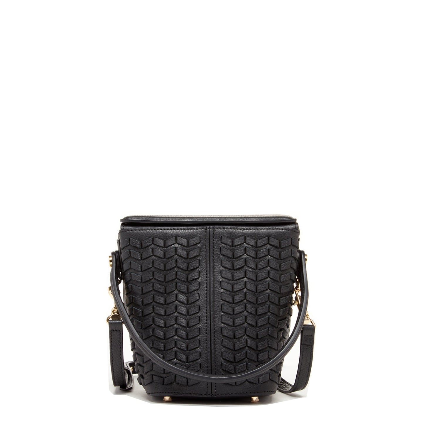 Black Woven Leather Crossbody Bucket Bag