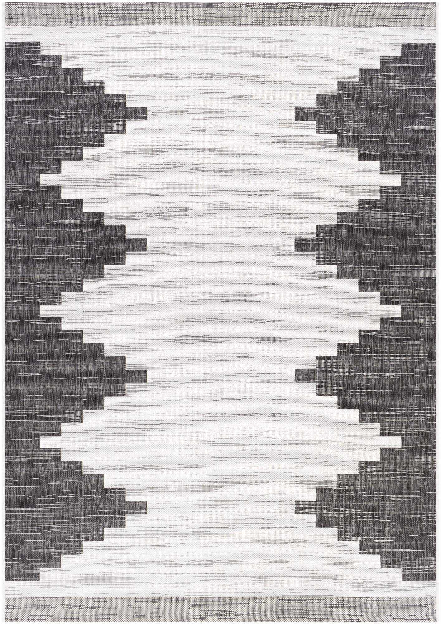 Modern black and ivory Aztec diamond indoor/outdoor rug with geometric pattern