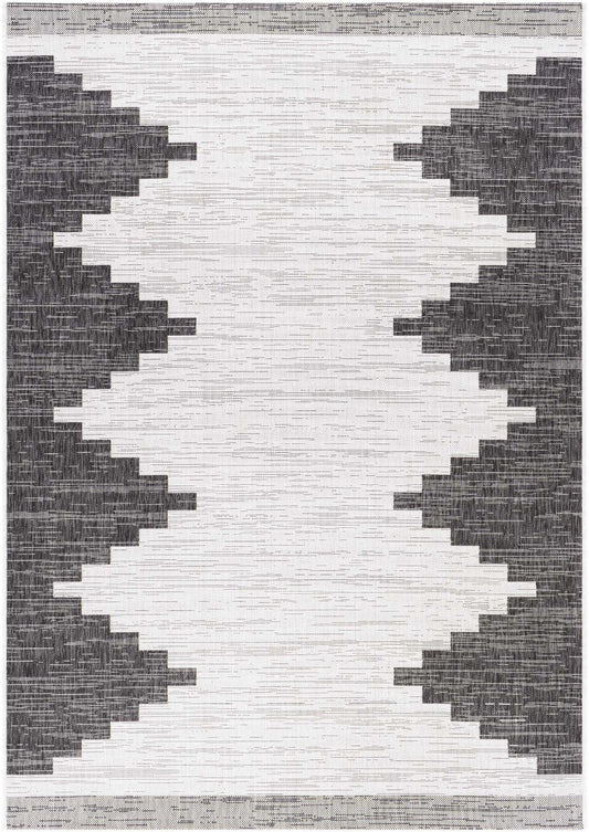 Modern black and ivory Aztec diamond indoor/outdoor rug with geometric pattern