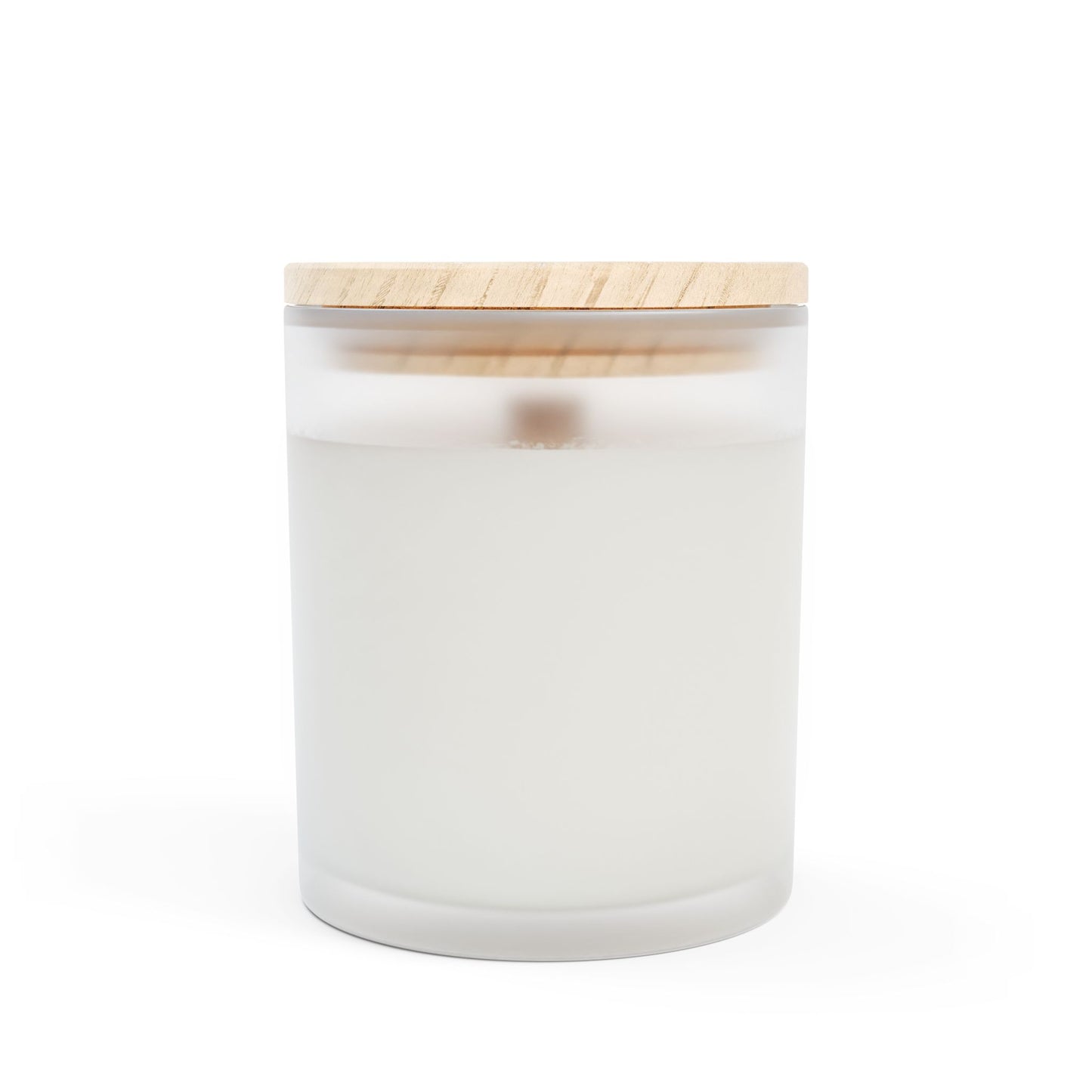 Back of KIND oakmoss and amber candle in frosted glass jar with wood lid