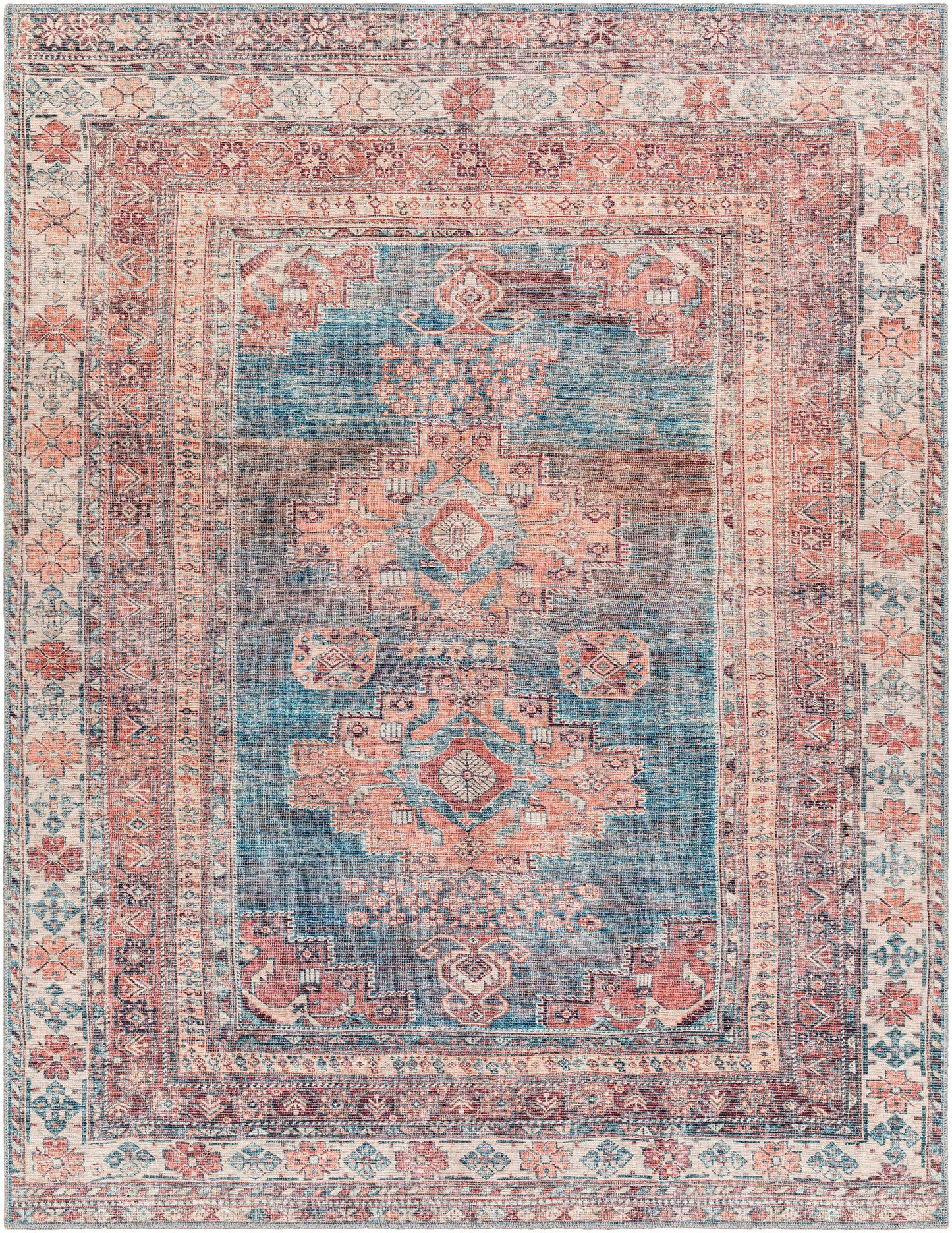Baltinglass rust blue washable rug with Southwestern medallion design