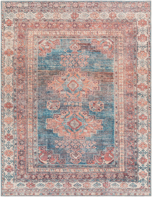Baltinglass rust blue washable rug with Southwestern medallion design