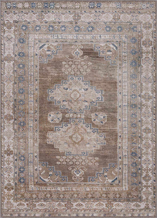 Top-down view of Baltinglass vintage patterned rug in brown and blue