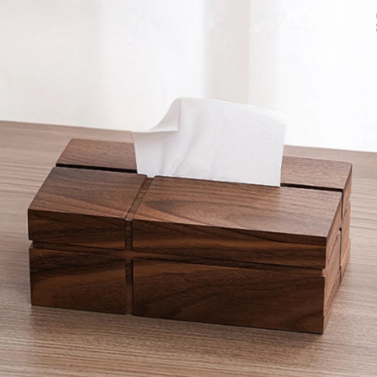 Minimalist wooden tissue box with clean, angular design and natural finish