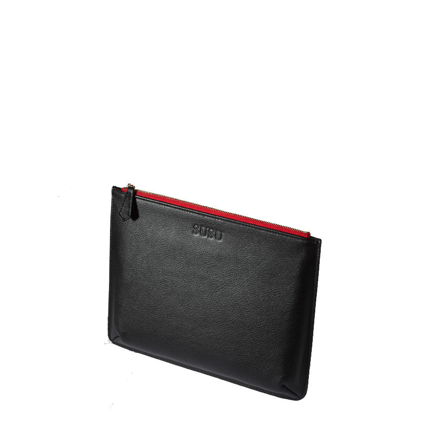 Black pouch with red zipper on a white background