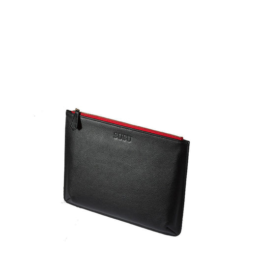 Black pouch with red zipper on a white background
