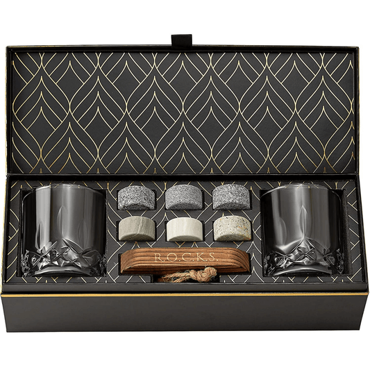 Whiskey gift set with granite chilling stones and crystal glasses in box