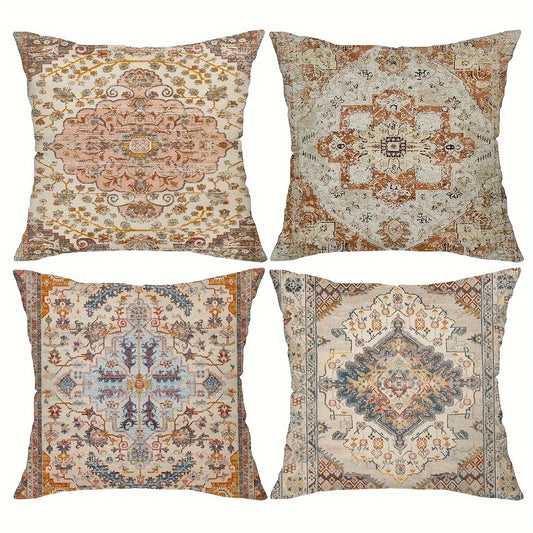 Set of four 18x18 boho-style pillow covers laid flat, showcasing vintage patterns