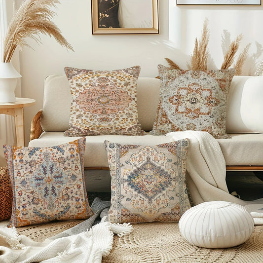 Decorative pillows with intricate patterns on a beige sofa in a cozy living room.