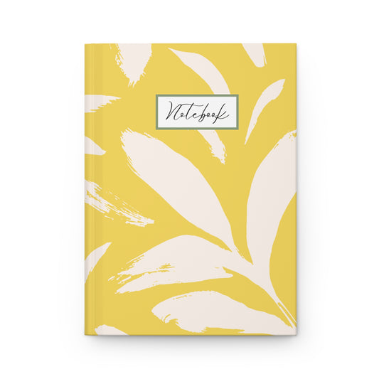Yellow and cream botanical notebook with black font and olive border