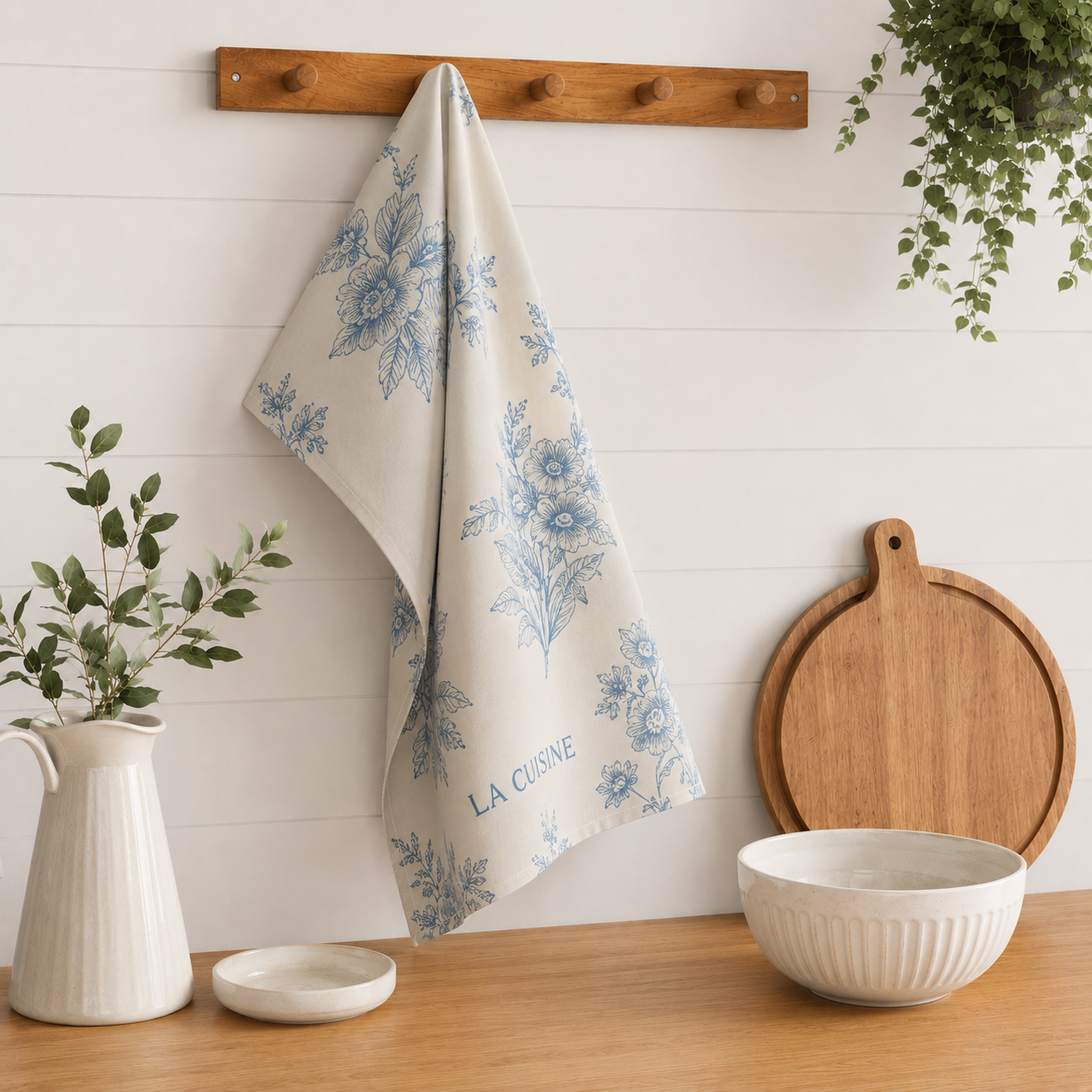 Botanical tea towel hanging in environment