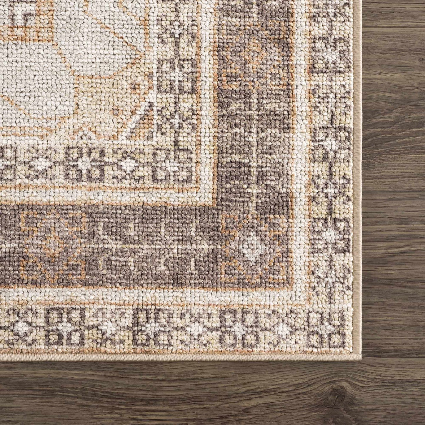 Close-up of a patterned rug on a wooden floor