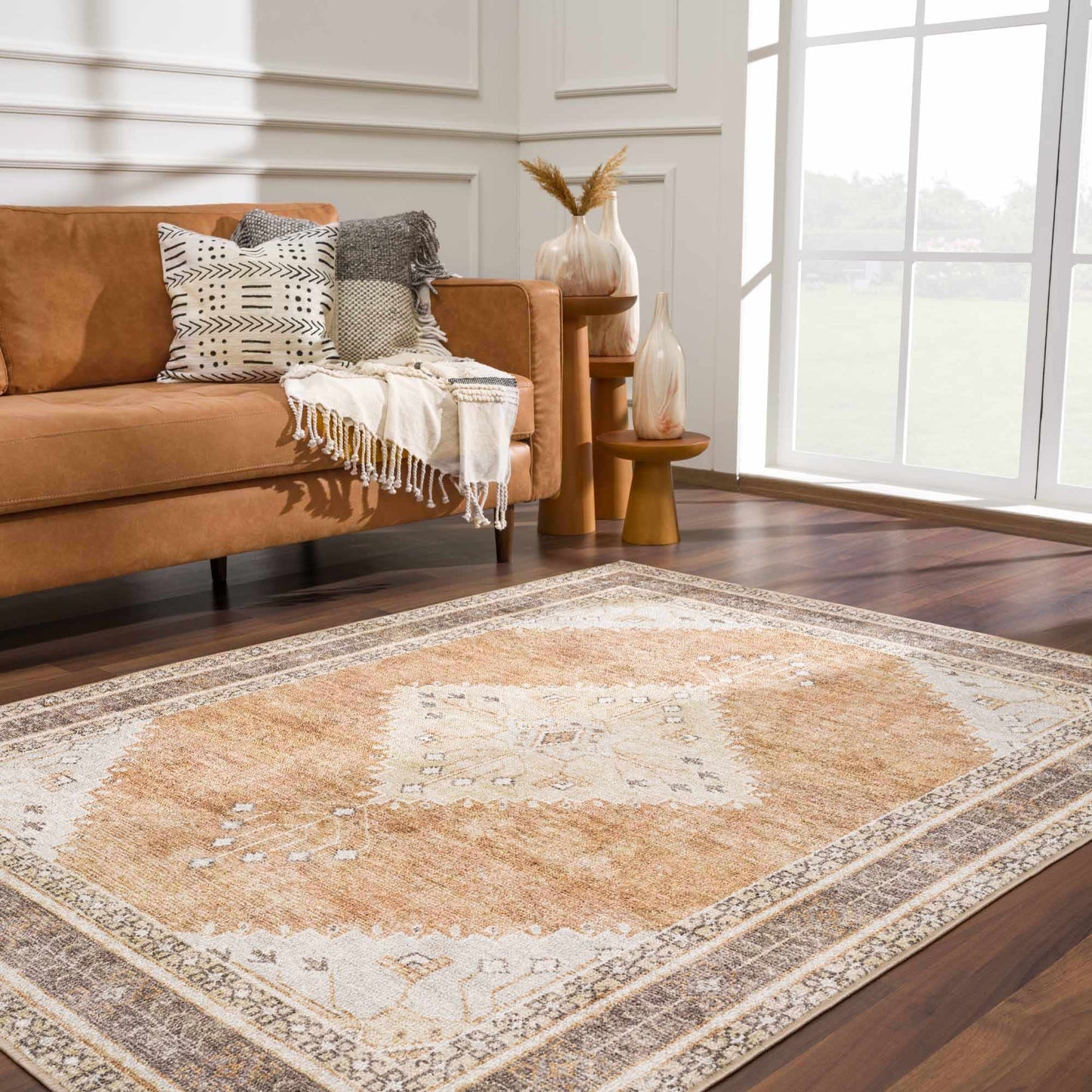 Decorative rug with geometric pattern in a living room setting