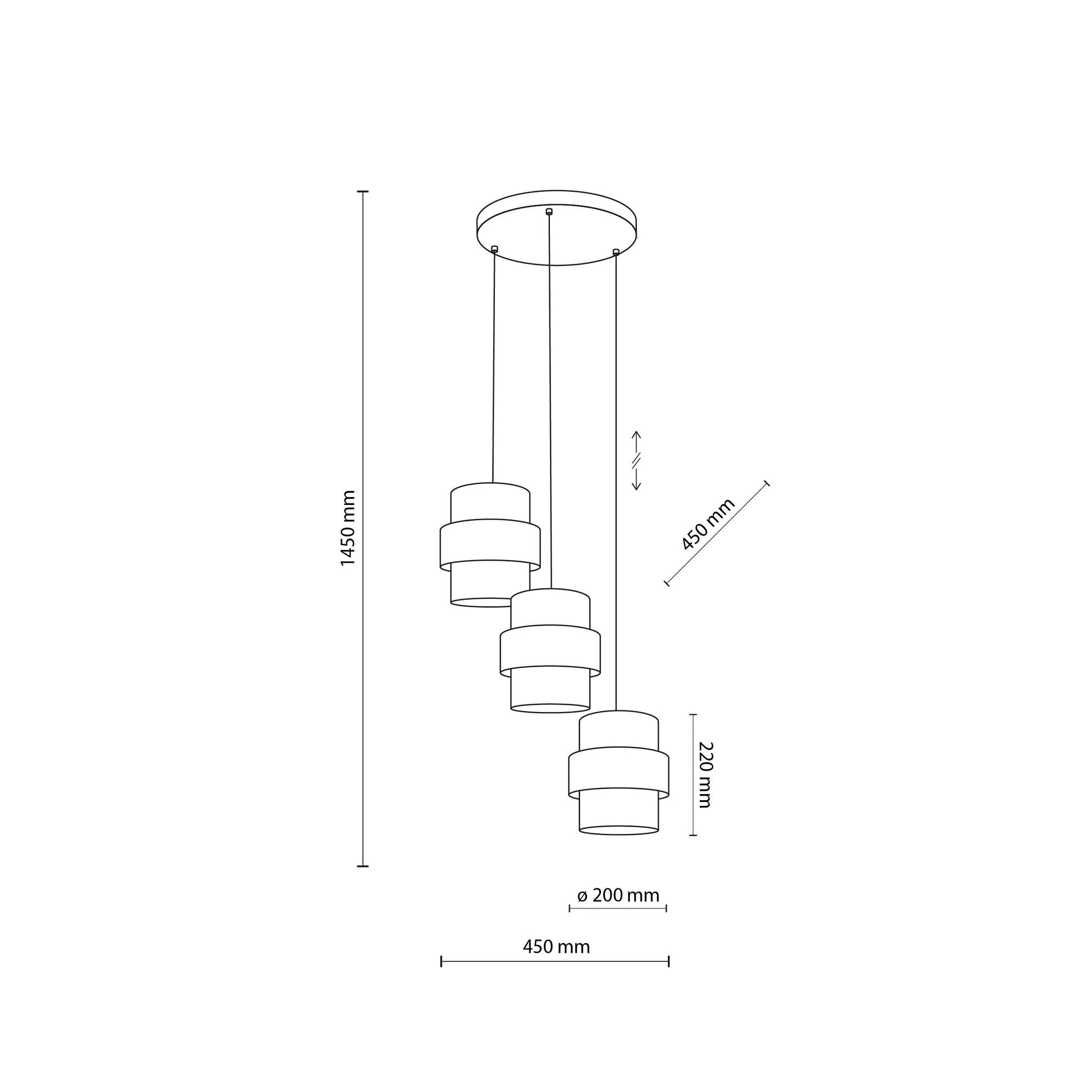 Technical drawing of a cylindrical pendant light with dimensions labeled