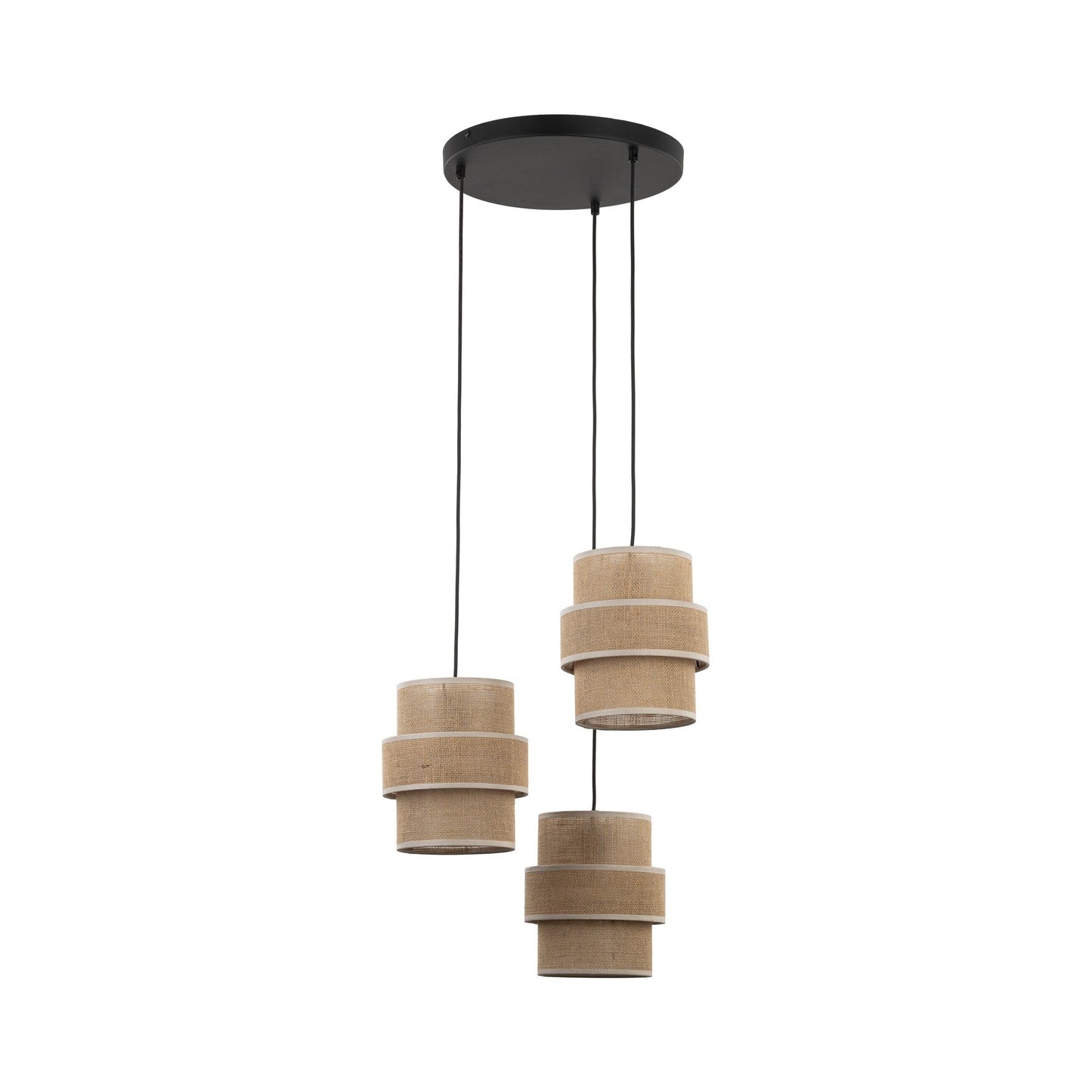 Modern pendant light with three cylindrical shades on a white background