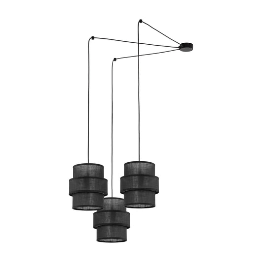 Modern black pendant lamp with three cylindrical shades on a white background