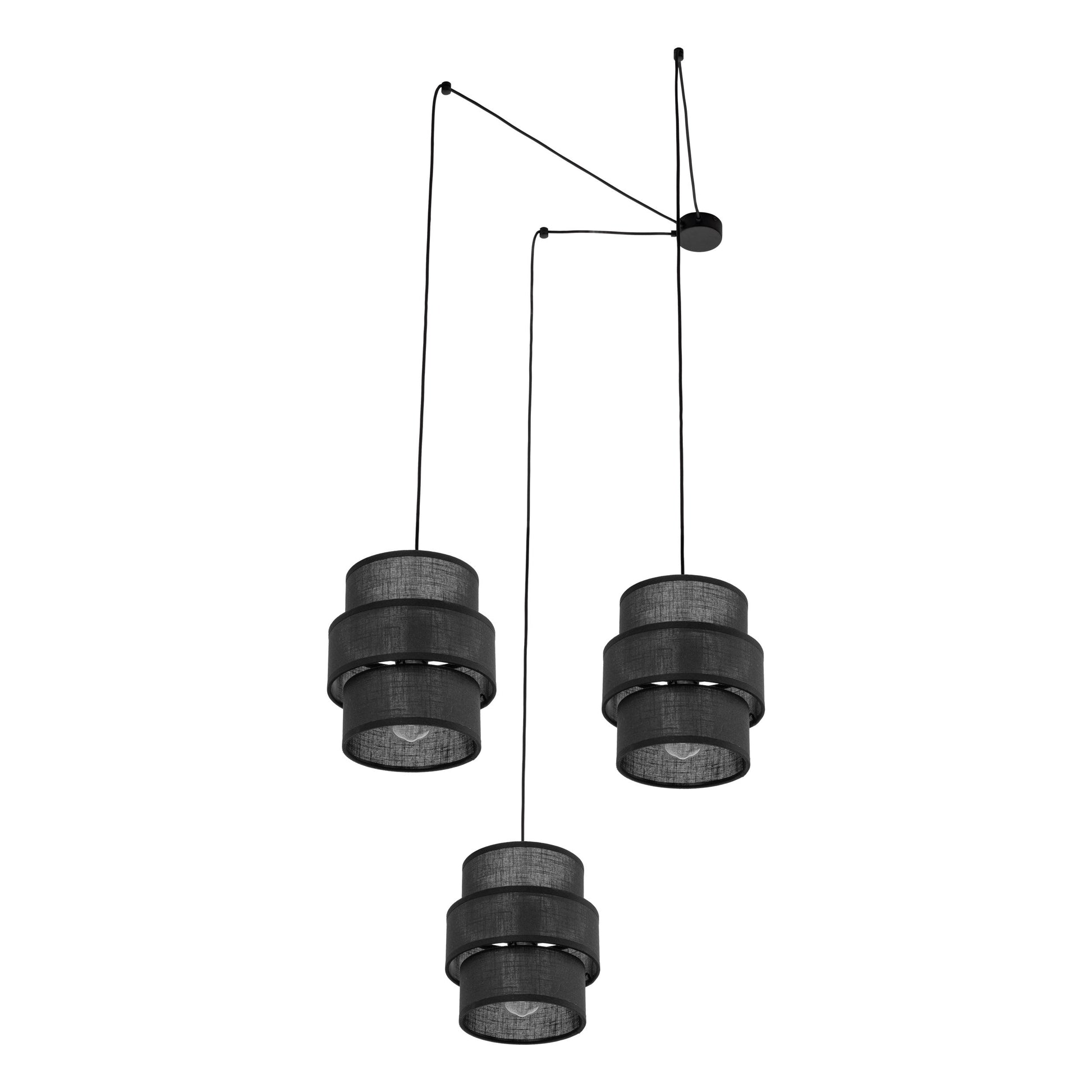 Modern black pendant light with three cylindrical shades on a white background
