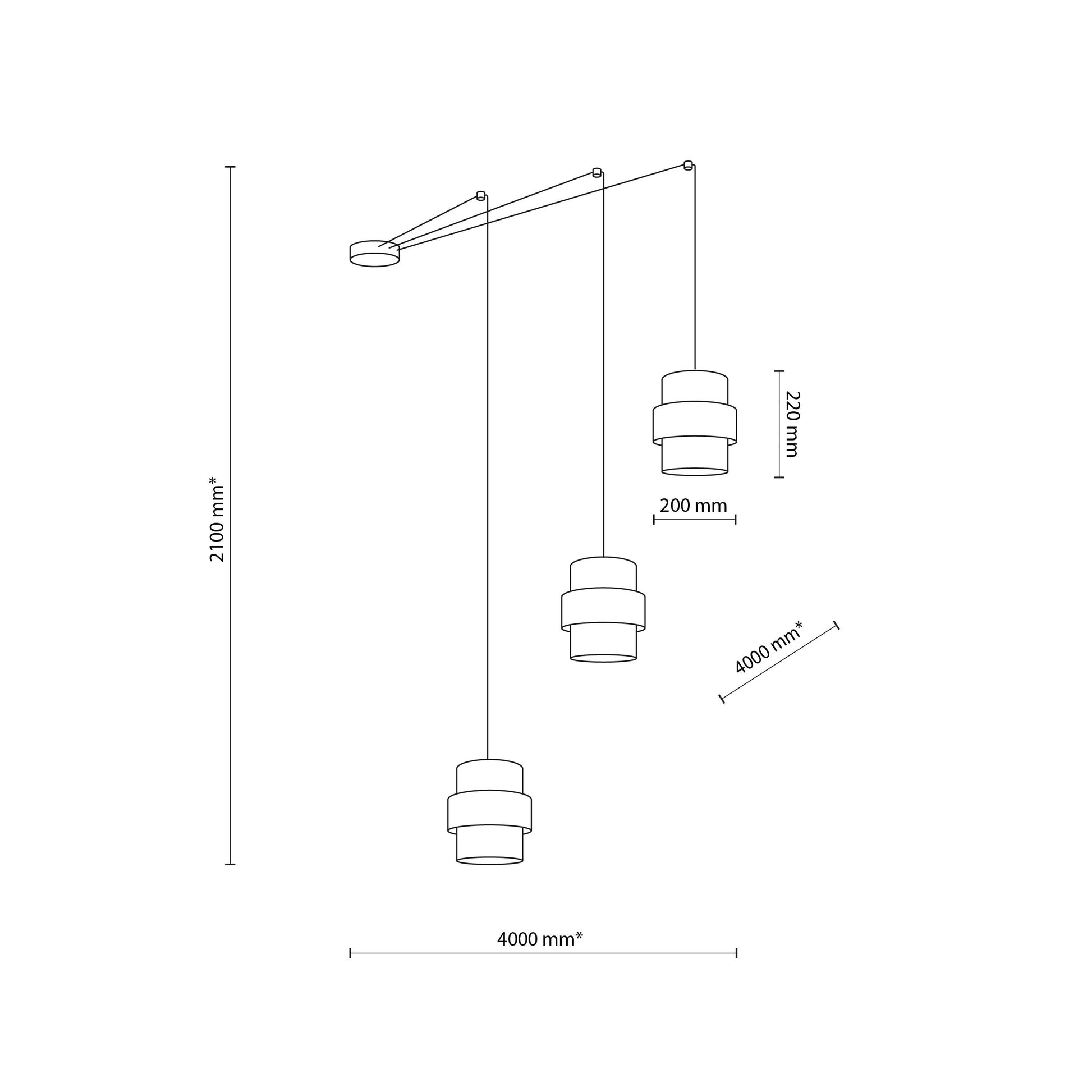Technical drawing of a hanging lamp with dimensions