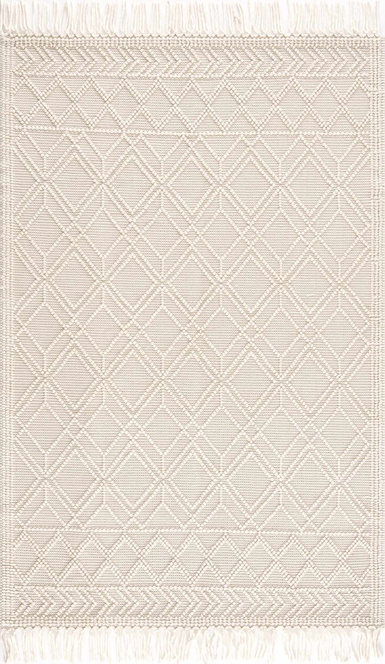 Beige rug with geometric pattern and tassels on a white background