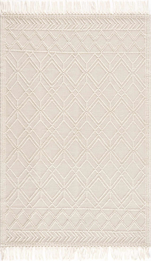 Beige rug with geometric pattern and tassels on a white background