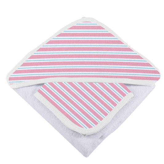 Striped baby towel with pink and blue stripes on a white background