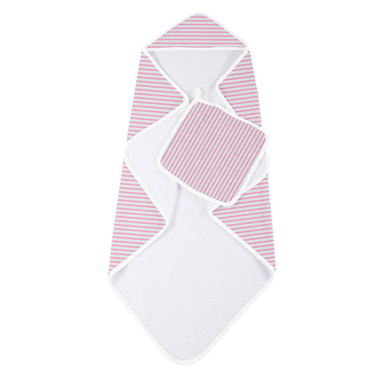 Baby towel set with pink and white striped pattern on a white background