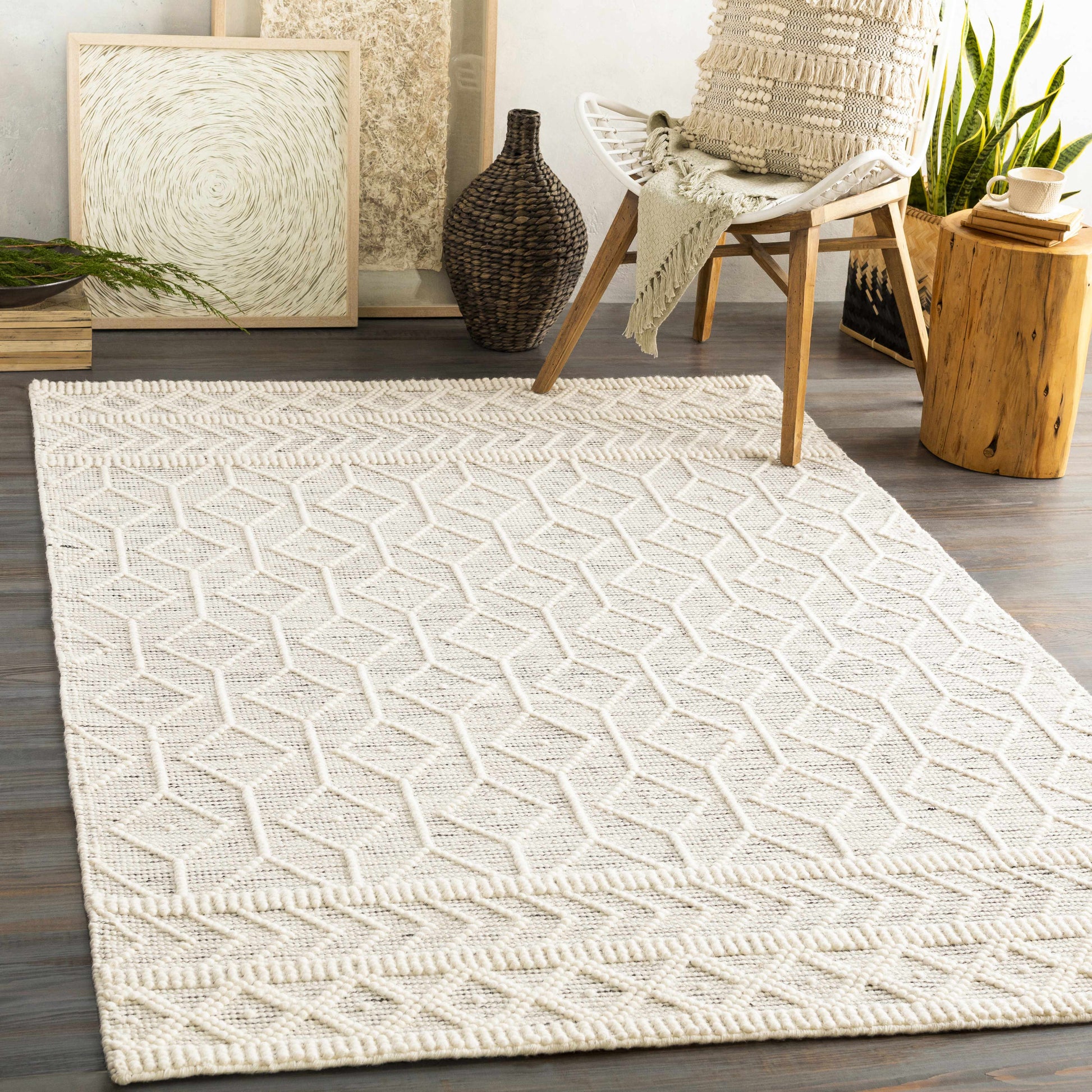 Neutral wool rug styled in a modern living room setting