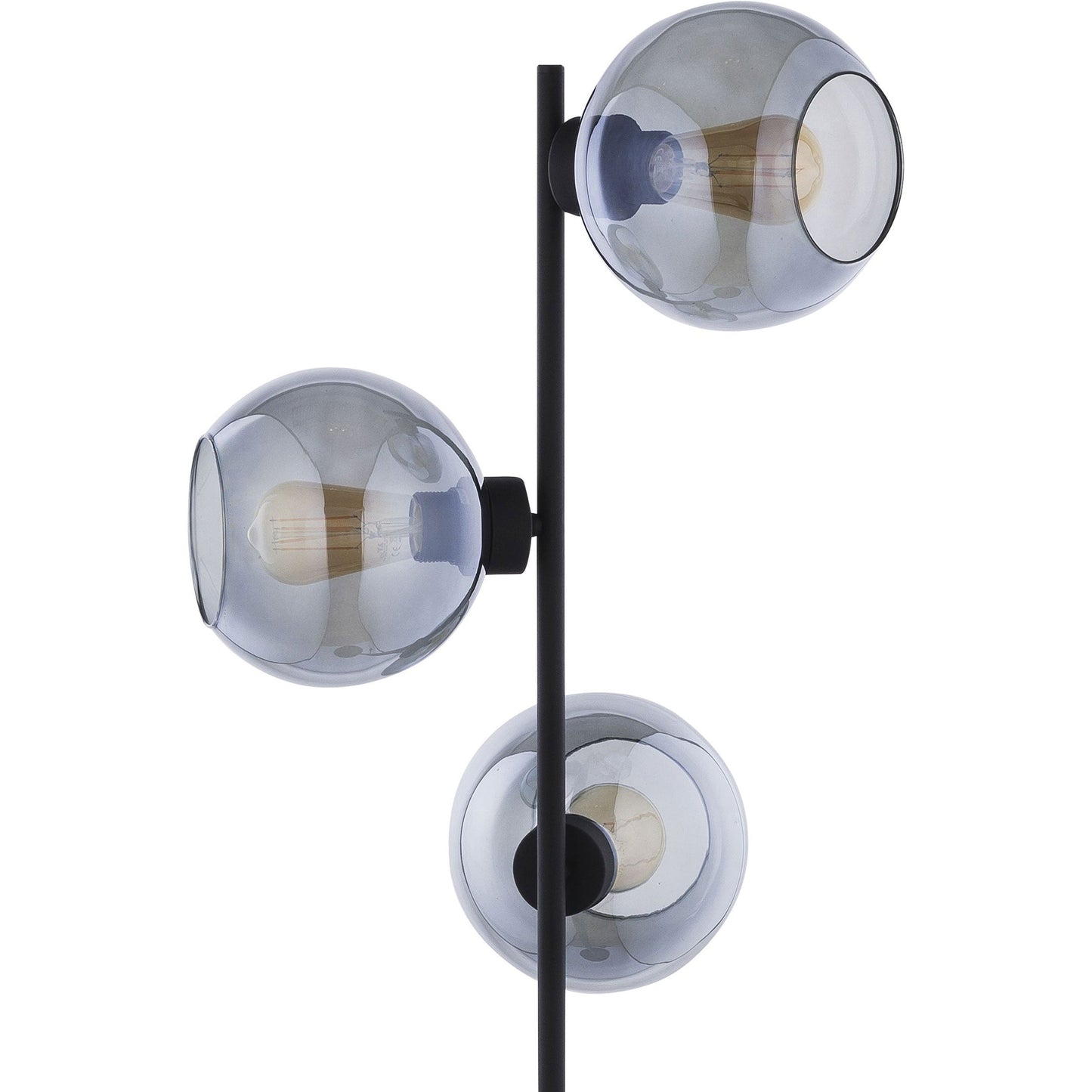 Close up of modern lamp with three spherical glass shades on a white background
