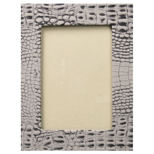 Front view of grey faux crocodile frame with glass insert in vertical position